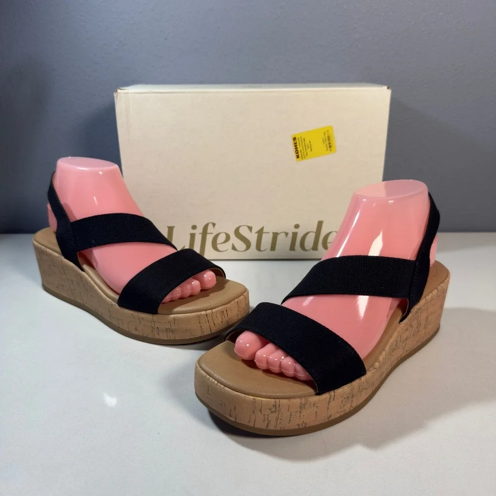 LifeStride Odette Wedge Sandals Womens 8 Black New Canvas Cork Platform Comfort